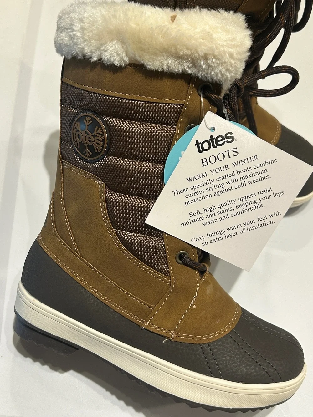 Totes Girls Size 12 Insulated Winter Boots Brown Black Faux Fur LaceUp Snow Boot